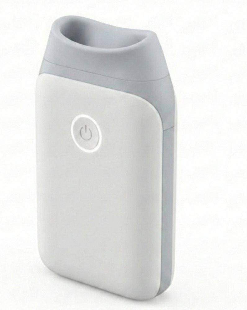 Concept design of NasoWarm: a white, pocket-size device with a soft gray nozzle on top and a single power button